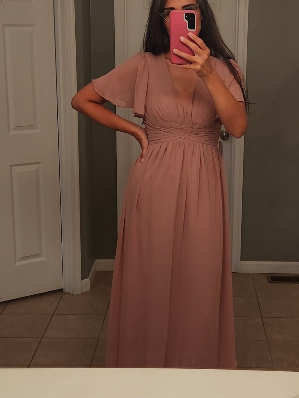 Azazie Dusty Rose Bridesmaid Maxi Dress with Flutter Sleeves Size A8 Extra Long